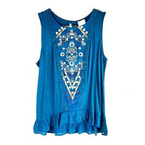 KNOX ROSE |🦕Teal Boho Embroidered Lace Sleeveless Ruffled Tunic Tank Top Blouse